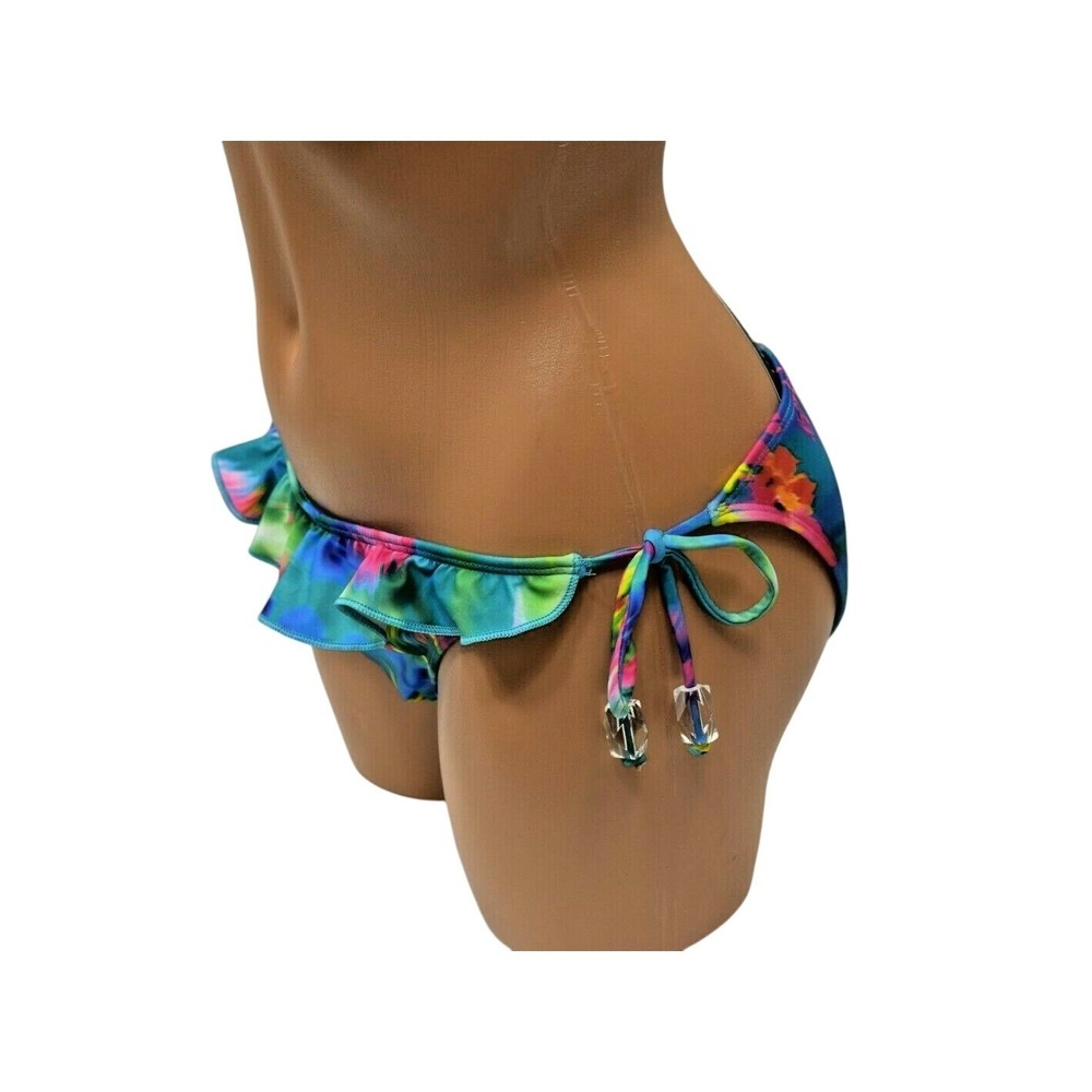 Guess Womens Multicolor Tropical Floral Ruffle Triangle Bikini Set Blue New - Picture 7 of 11